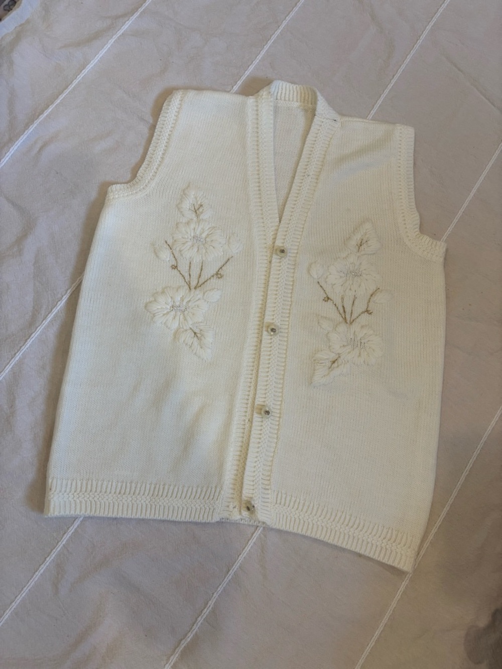 Cream Knit Button-Up Floral Embroidered Vest